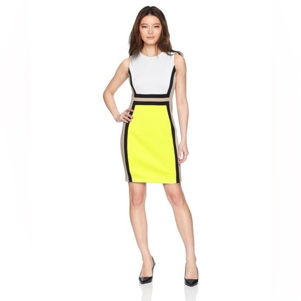 Calvin Klein Colorblocked Sheath Dress yellow black white tan size 2